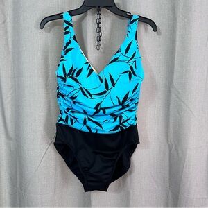 Miraclesuit One Piece Swimsuit Tropical Leaf Print Aqua Blue and Black Size 12.